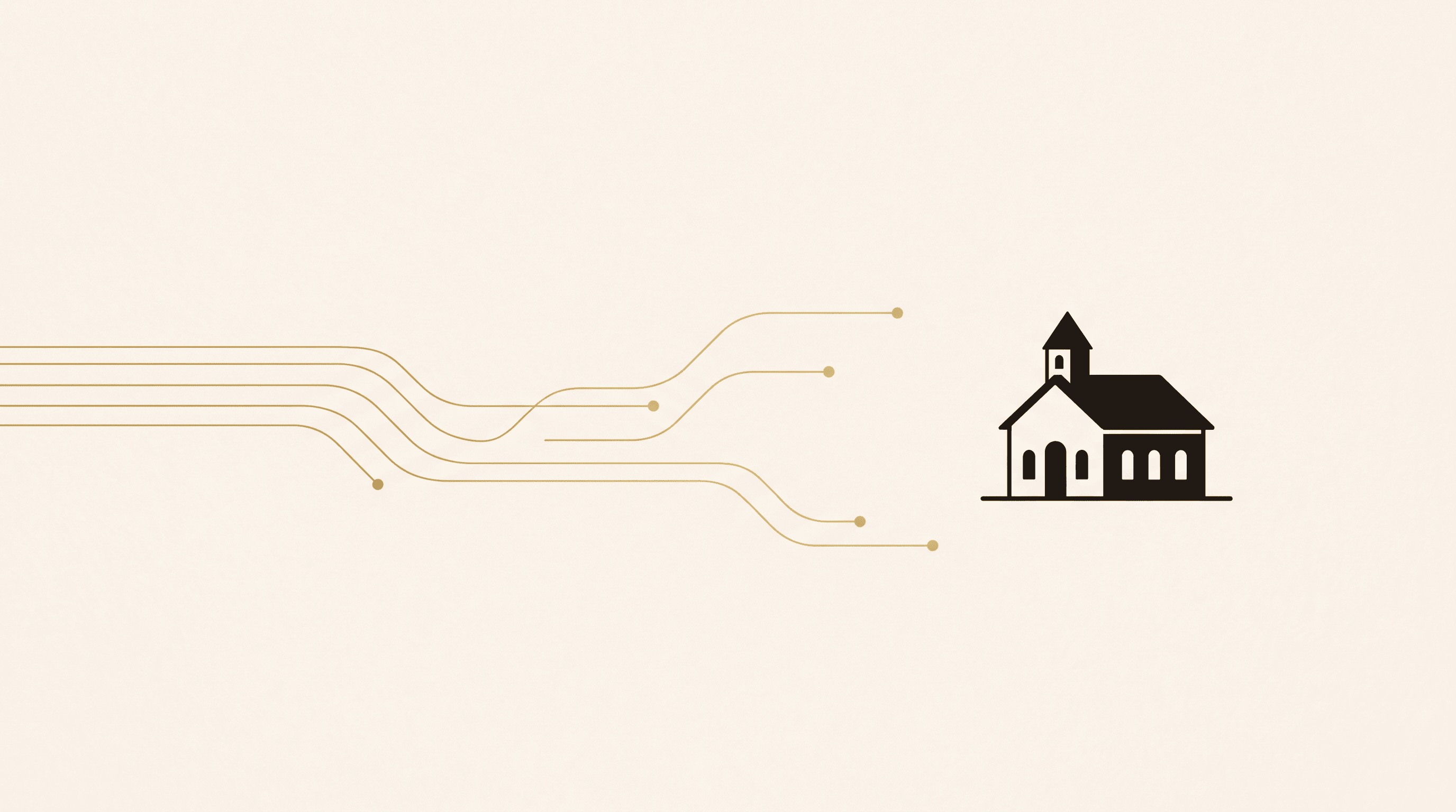 Editorial illustration of gold circuit lines approaching a small church and stopping short of it