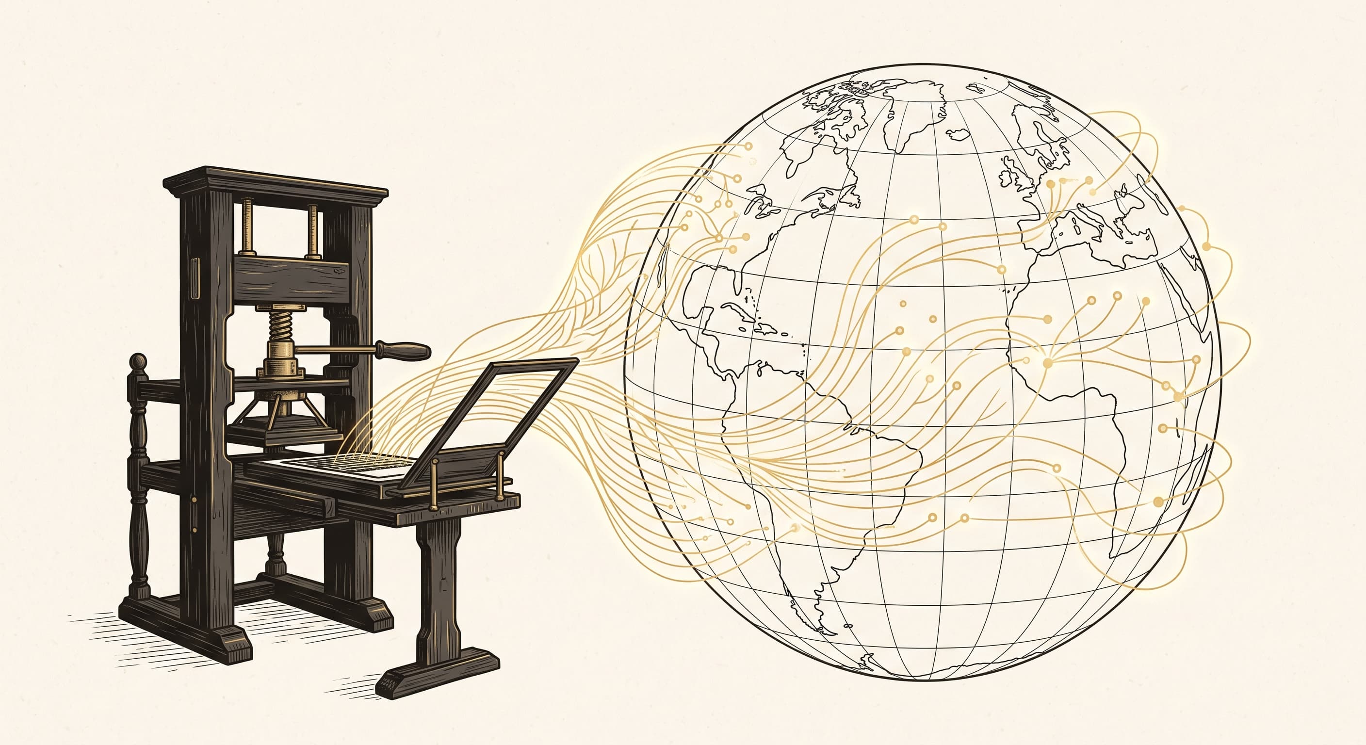 Illustration of a Gutenberg printing press with gold lines flowing onto a globe, connecting the printing press era to artificial intelligence