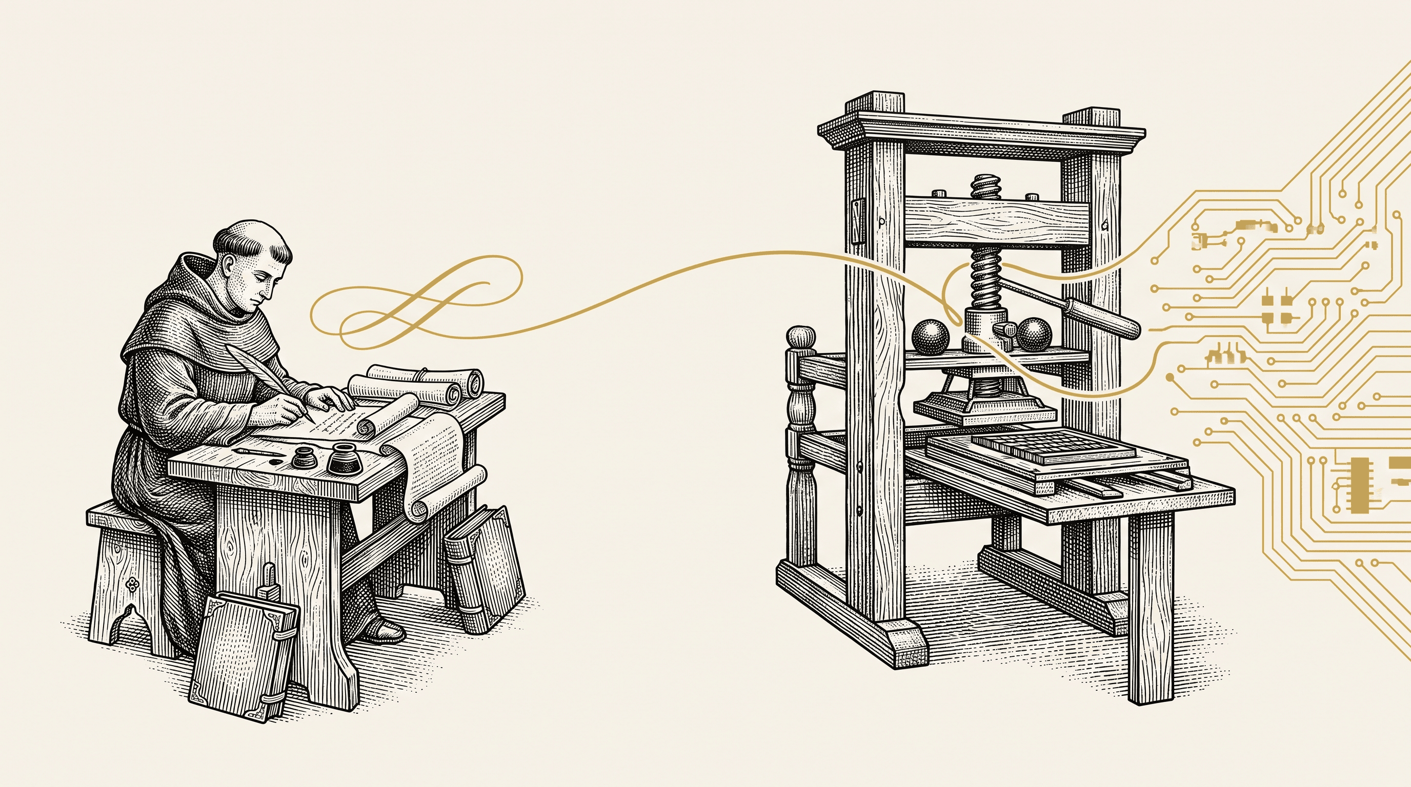 Vintage engraving style illustration of a monk copying a manuscript beside an early printing press, with a gold line flowing from the monk's pen through the press and becoming circuit traces