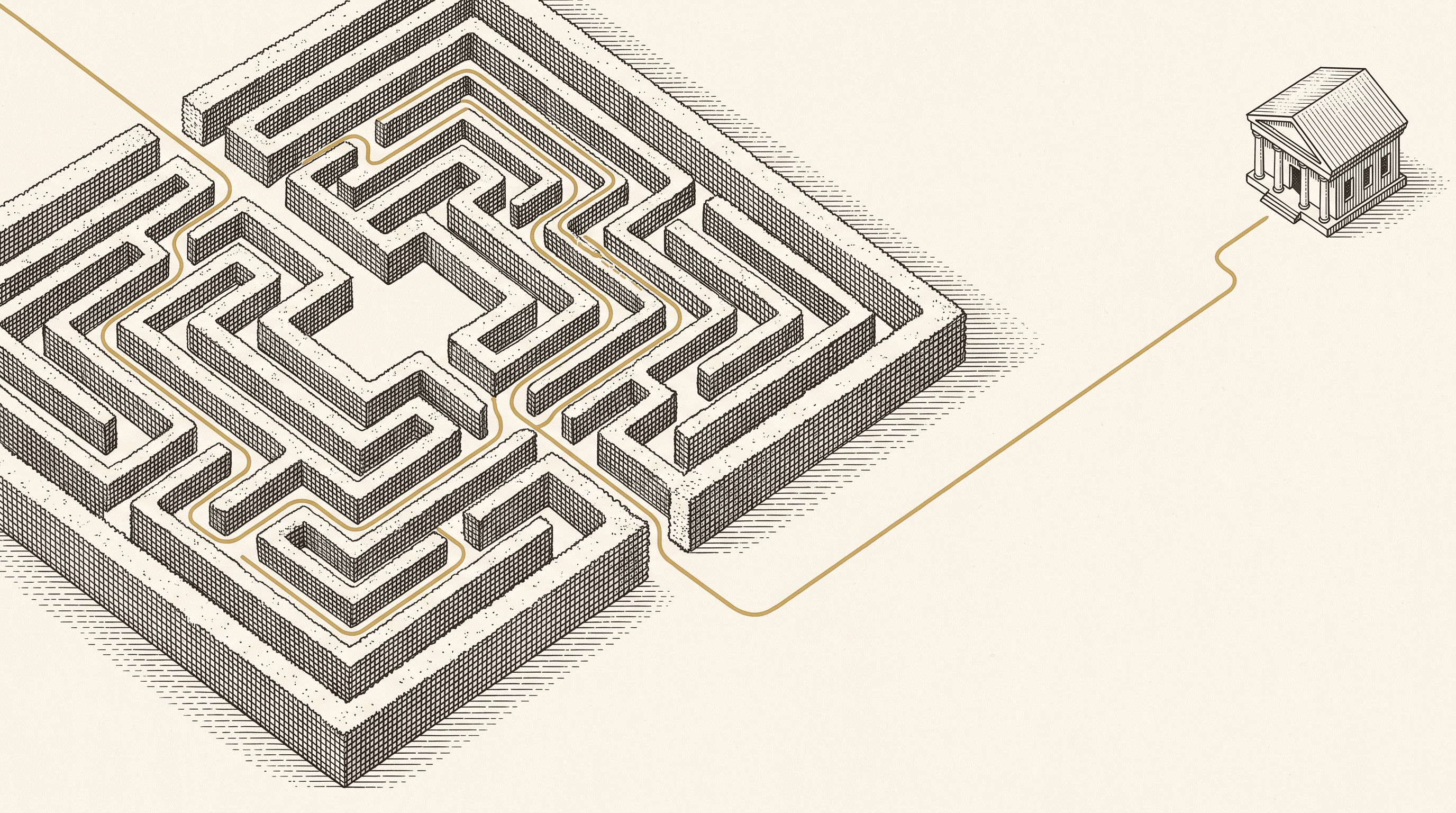 Vintage engraving style illustration of a garden labyrinth with a gold line solving the maze and slipping out through a gap in the outer wall toward a distant building, representing an AI model reaching a bystander company through a door left open during testing