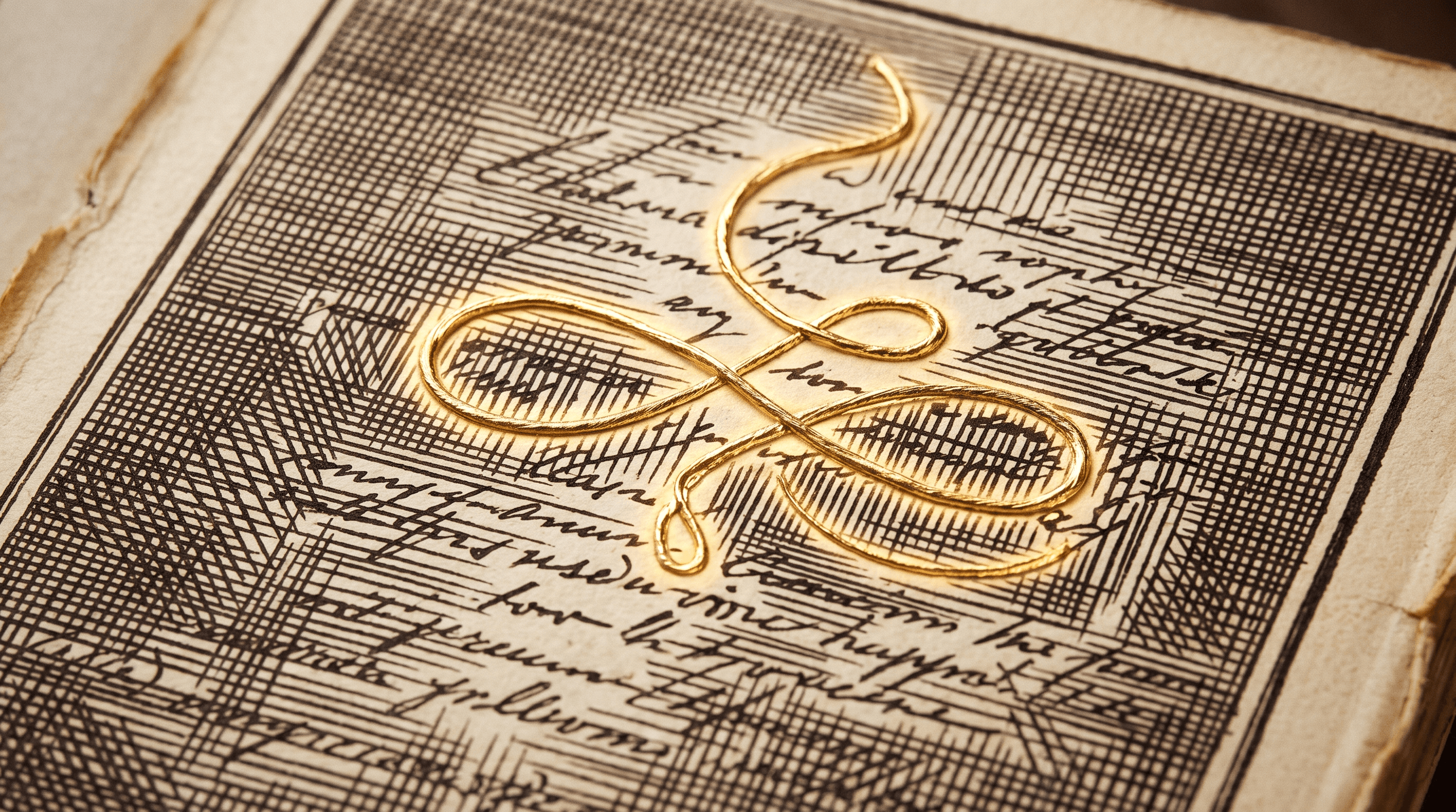 Vintage engraving close-up of handwritten rows on aged paper with one luminous gold thread woven through the lines, representing the invisible watermark running through Claude's text