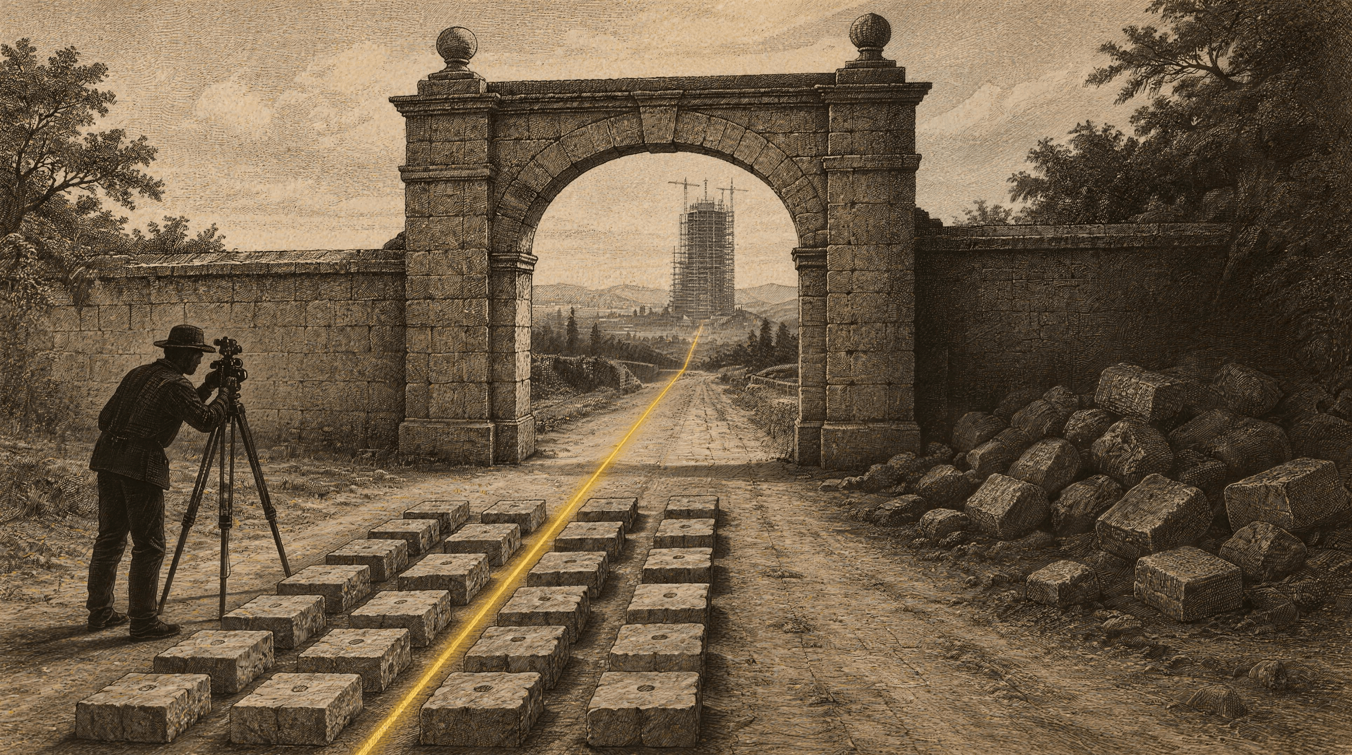 Vintage engraving style illustration of a surveyor measuring squared foundation stones laid in ordered rows, a gold line running from those stones through a stone gateway and on to a tower rising in the distance, while an unsorted heap of stones lies off the line in shadow