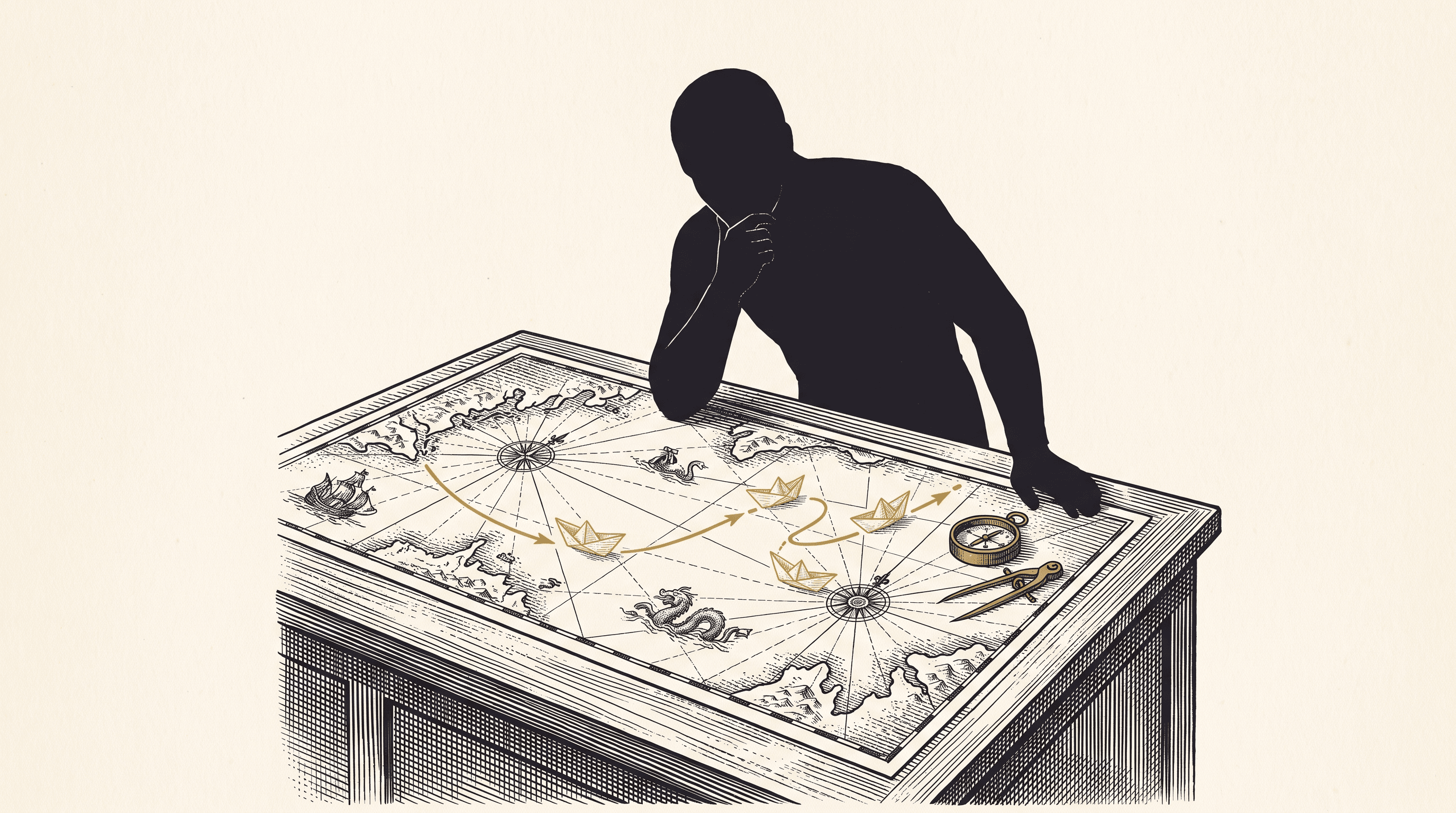 Vintage engraving style illustration of a leader in silhouette studying a navigator's chart table, plotting a gold route marked by small paper boats, representing executive AI leadership charting a nonprofit's roadmap