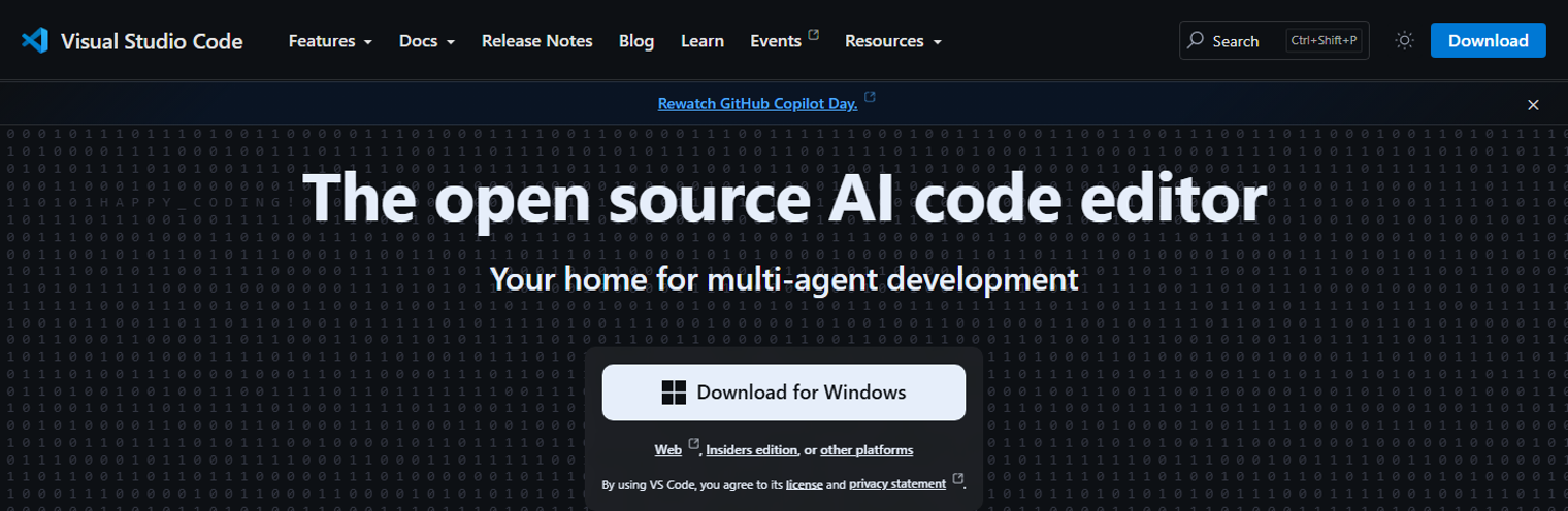 The Visual Studio Code home page at code.visualstudio.com, with a large Download for Windows button in the middle of the page