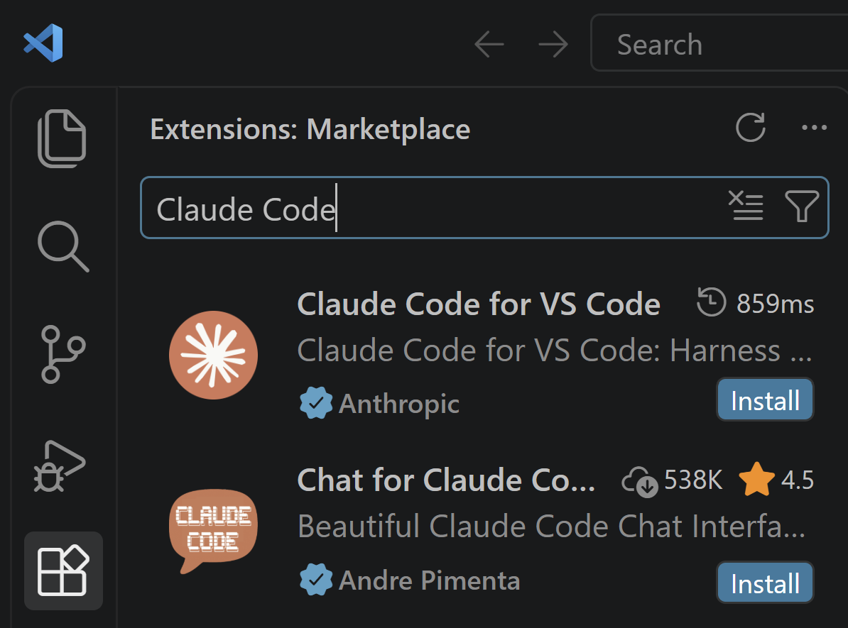 The Extensions panel inside VS Code with Claude Code typed into the search box, showing Claude Code for VS Code by Anthropic at the top of the results with an Install button beside it